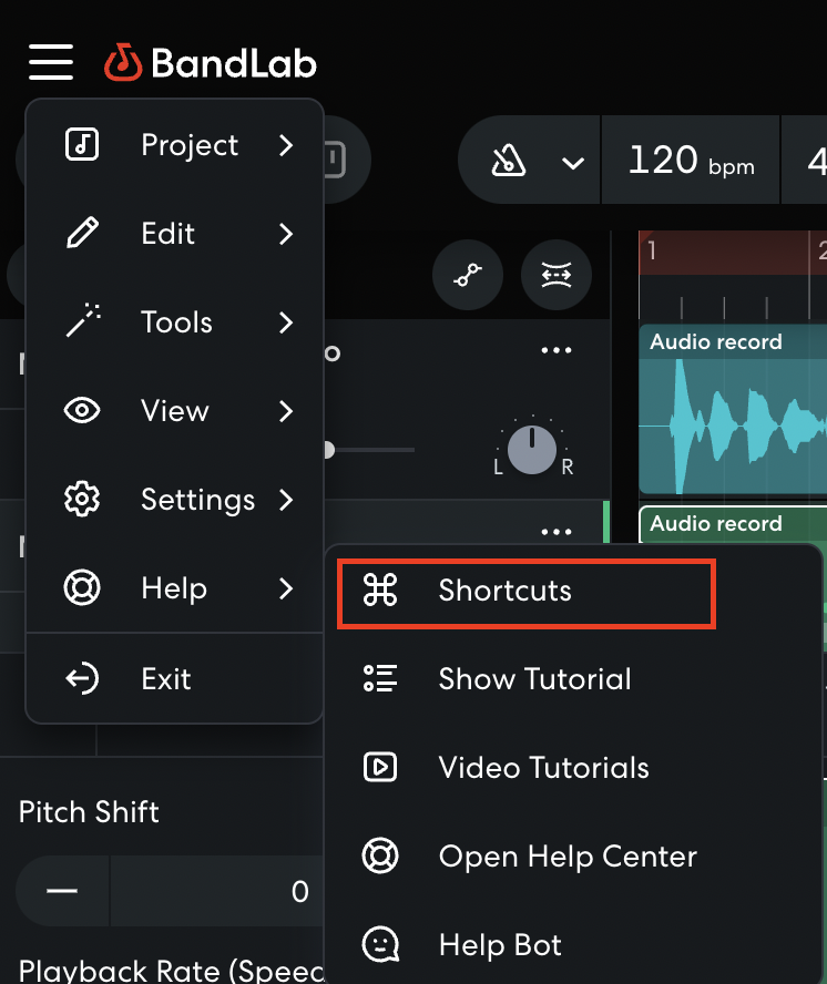 What are the shortcuts for the studio bandlab help center