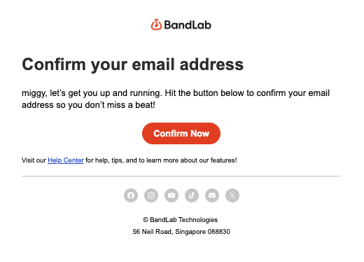 E-mail de confirmation de l’adresse e-mail, avec le bouton de confirmation, en anglais.