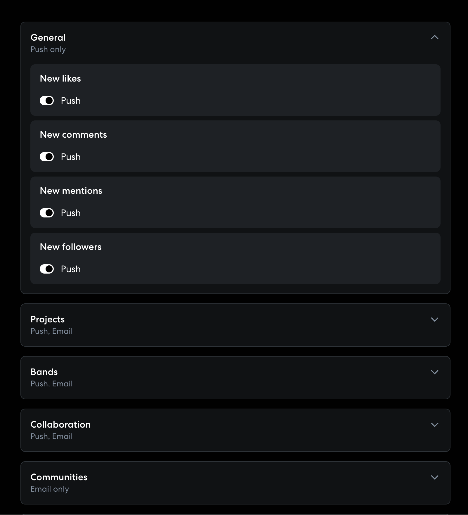 Paramètres de notifications BandLab, en anglais.