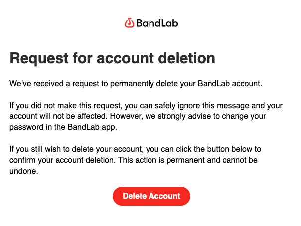 E-mail de confirmation de suppression du compte, avec l’avertissement de suppression définitive, en anglais.
